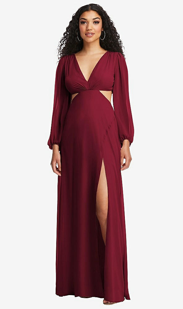 Front View - Burgundy Long Puff Sleeve Cutout Waist Chiffon Maxi Dress 