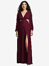 Front View Thumbnail - Cabernet Long Puff Sleeve Cutout Waist Chiffon Maxi Dress 