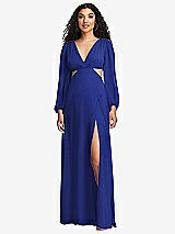 Front View Thumbnail - Cobalt Blue Long Puff Sleeve Cutout Waist Chiffon Maxi Dress 