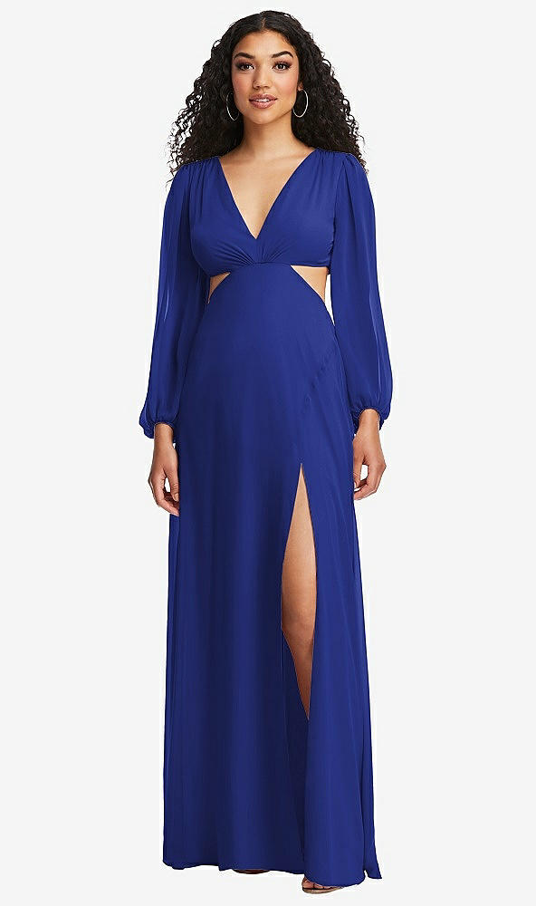 Front View - Cobalt Blue Long Puff Sleeve Cutout Waist Chiffon Maxi Dress 