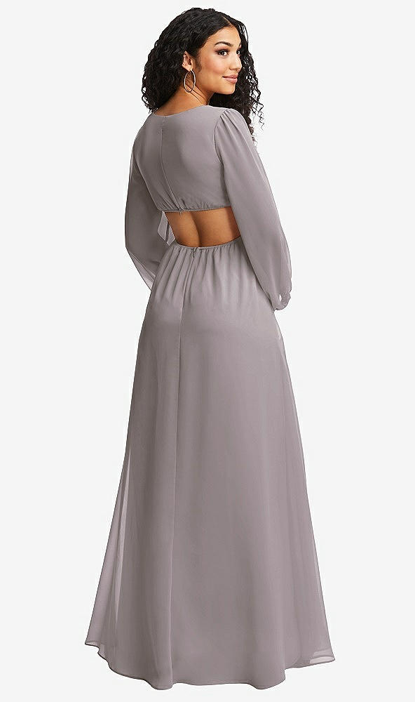 Back View - Cashmere Gray Long Puff Sleeve Cutout Waist Chiffon Maxi Dress 