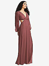 Side View Thumbnail - English Rose Long Puff Sleeve Cutout Waist Chiffon Maxi Dress 