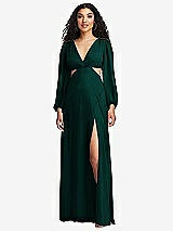 Front View Thumbnail - Evergreen Long Puff Sleeve Cutout Waist Chiffon Maxi Dress 