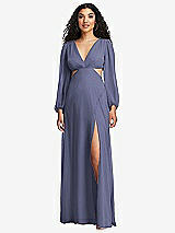 Front View Thumbnail - French Blue Long Puff Sleeve Cutout Waist Chiffon Maxi Dress 