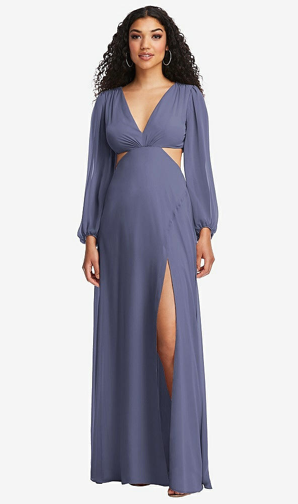 Front View - French Blue Long Puff Sleeve Cutout Waist Chiffon Maxi Dress 