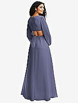 Rear View Thumbnail - French Blue Long Puff Sleeve Cutout Waist Chiffon Maxi Dress 
