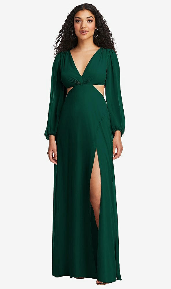 Front View - Hunter Green Long Puff Sleeve Cutout Waist Chiffon Maxi Dress 