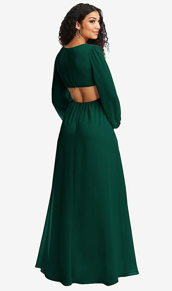 Back View - Hunter Green Long Puff Sleeve Cutout Waist Chiffon Maxi Dress 