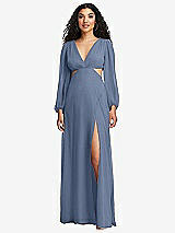 Front View Thumbnail - Larkspur Blue Long Puff Sleeve Cutout Waist Chiffon Maxi Dress 