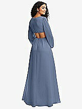 Rear View Thumbnail - Larkspur Blue Long Puff Sleeve Cutout Waist Chiffon Maxi Dress 