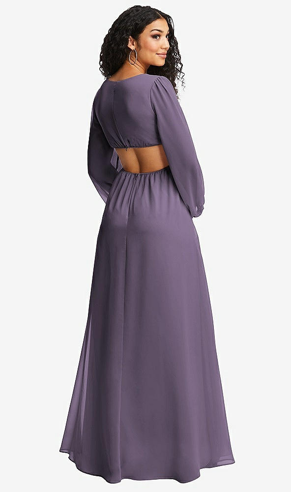 Back View - Lavender Long Puff Sleeve Cutout Waist Chiffon Maxi Dress 
