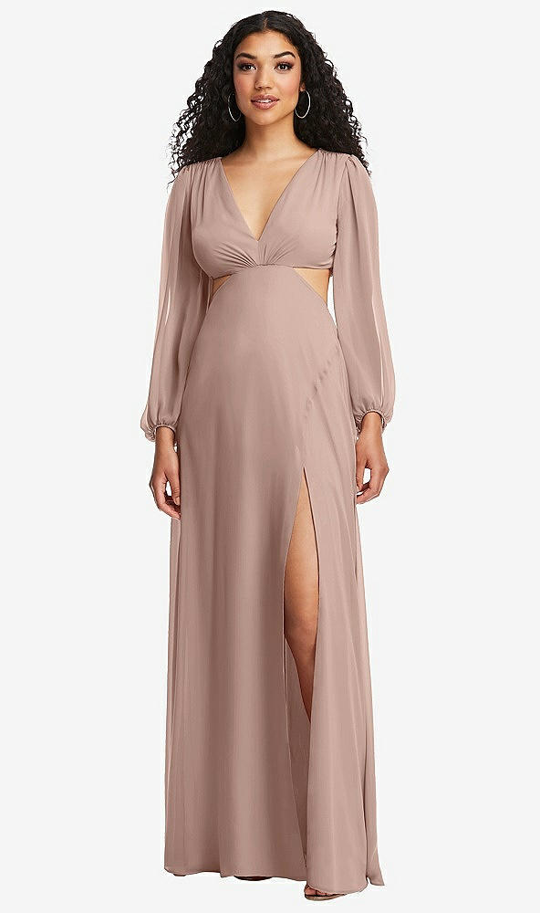 Front View - Neu Nude Long Puff Sleeve Cutout Waist Chiffon Maxi Dress 