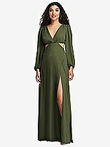 Front View Thumbnail - Olive Green Long Puff Sleeve Cutout Waist Chiffon Maxi Dress 