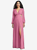 Front View Thumbnail - Orchid Pink Long Puff Sleeve Cutout Waist Chiffon Maxi Dress 