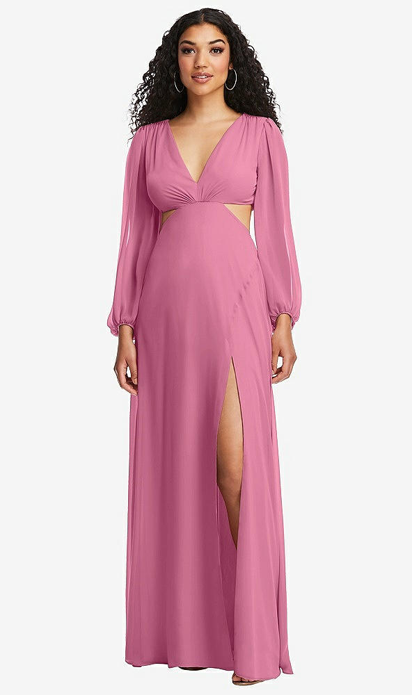 Front View - Orchid Pink Long Puff Sleeve Cutout Waist Chiffon Maxi Dress 