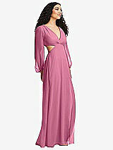 Side View Thumbnail - Orchid Pink Long Puff Sleeve Cutout Waist Chiffon Maxi Dress 