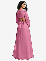 Rear View Thumbnail - Orchid Pink Long Puff Sleeve Cutout Waist Chiffon Maxi Dress 