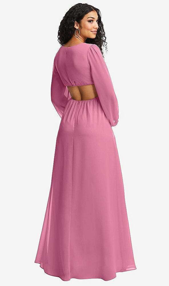 Back View - Orchid Pink Long Puff Sleeve Cutout Waist Chiffon Maxi Dress 
