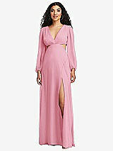 Front View Thumbnail - Peony Pink Long Puff Sleeve Cutout Waist Chiffon Maxi Dress 
