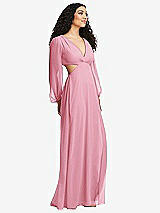 Side View Thumbnail - Peony Pink Long Puff Sleeve Cutout Waist Chiffon Maxi Dress 