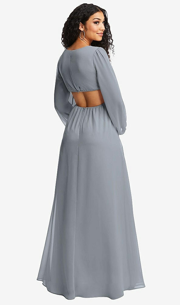 Back View - Platinum Long Puff Sleeve Cutout Waist Chiffon Maxi Dress 