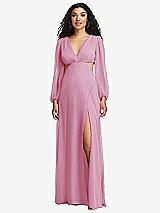 Front View Thumbnail - Powder Pink Long Puff Sleeve Cutout Waist Chiffon Maxi Dress 