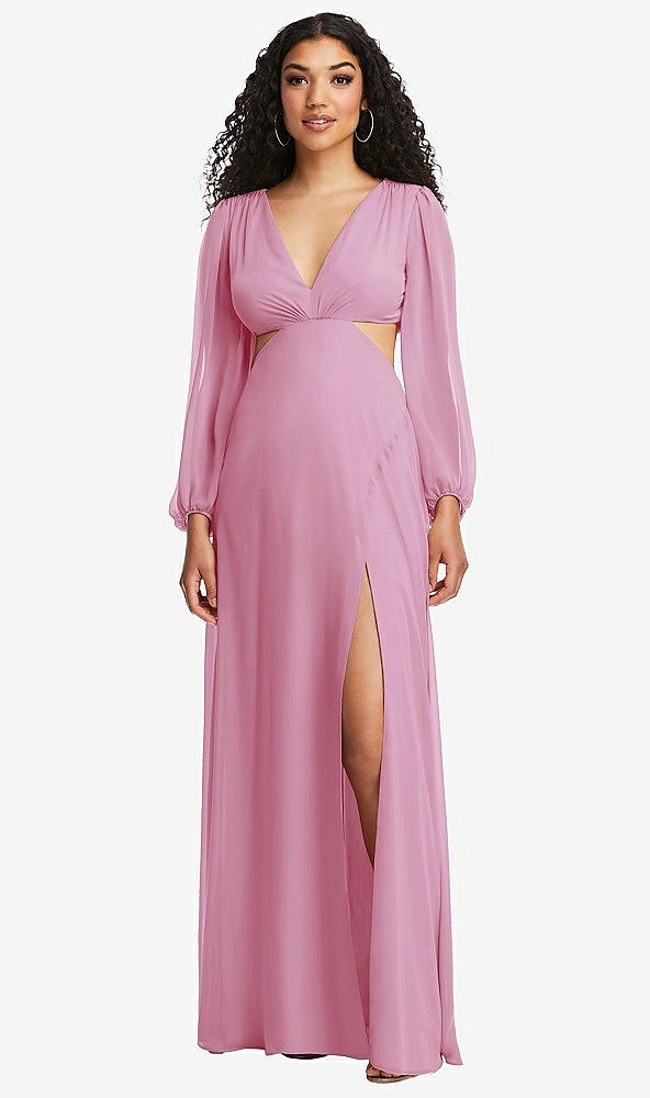 Front View - Powder Pink Long Puff Sleeve Cutout Waist Chiffon Maxi Dress 