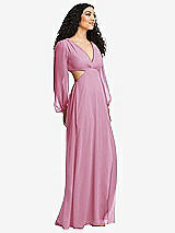 Side View Thumbnail - Powder Pink Long Puff Sleeve Cutout Waist Chiffon Maxi Dress 