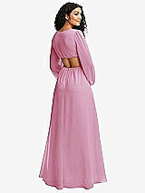 Rear View Thumbnail - Powder Pink Long Puff Sleeve Cutout Waist Chiffon Maxi Dress 