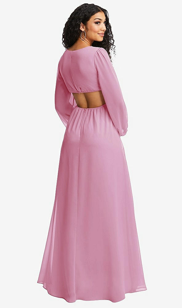 Back View - Powder Pink Long Puff Sleeve Cutout Waist Chiffon Maxi Dress 