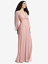 Side View Thumbnail - Rose - PANTONE Rose Quartz Long Puff Sleeve Cutout Waist Chiffon Maxi Dress 