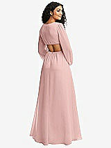 Rear View Thumbnail - Rose - PANTONE Rose Quartz Long Puff Sleeve Cutout Waist Chiffon Maxi Dress 