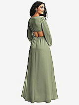 Rear View Thumbnail - Sage Long Puff Sleeve Cutout Waist Chiffon Maxi Dress 