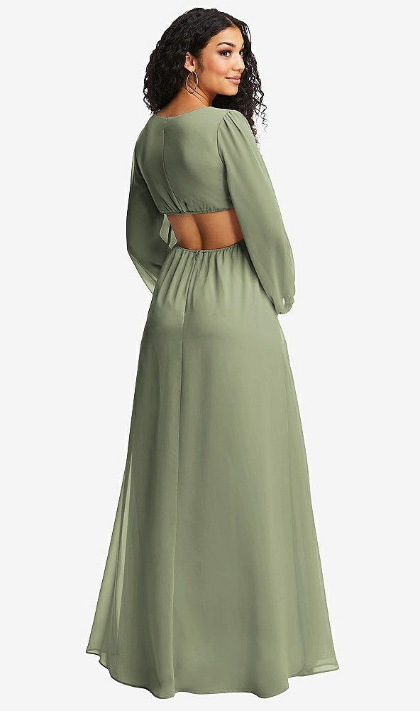 Back View - Sage Long Puff Sleeve Cutout Waist Chiffon Maxi Dress 