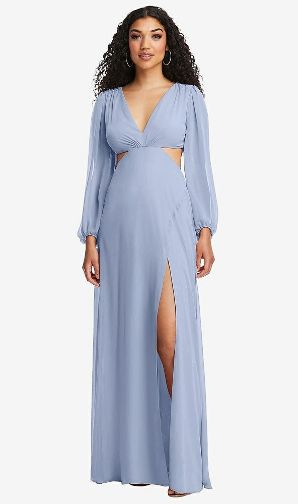 Front View - Sky Blue Long Puff Sleeve Cutout Waist Chiffon Maxi Dress 