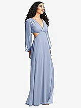Side View Thumbnail - Sky Blue Long Puff Sleeve Cutout Waist Chiffon Maxi Dress 