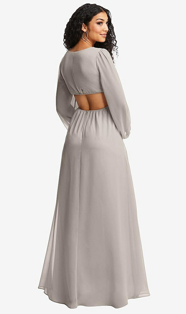 Back View - Taupe Long Puff Sleeve Cutout Waist Chiffon Maxi Dress 