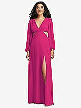 Front View Thumbnail - Think Pink Long Puff Sleeve Cutout Waist Chiffon Maxi Dress 