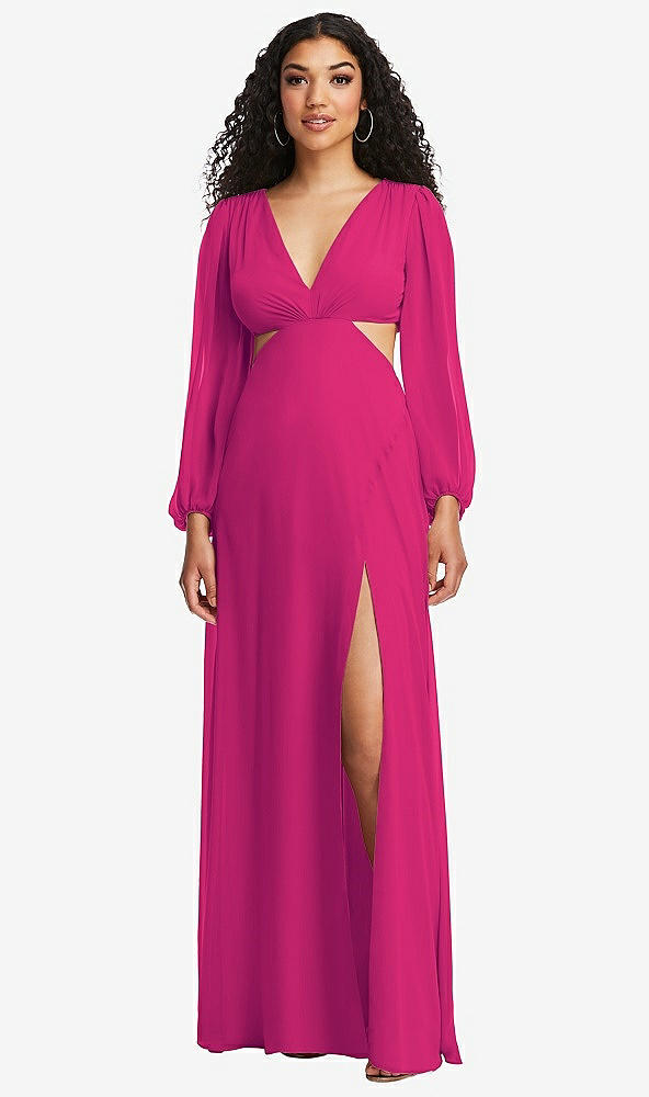 Front View - Think Pink Long Puff Sleeve Cutout Waist Chiffon Maxi Dress 