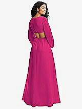 Rear View Thumbnail - Think Pink Long Puff Sleeve Cutout Waist Chiffon Maxi Dress 