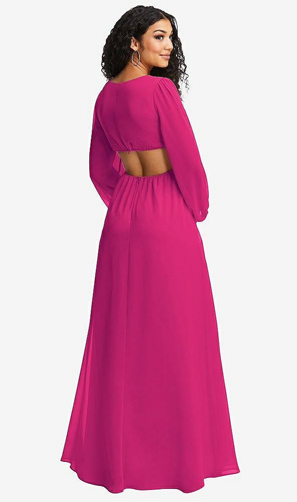 Back View - Think Pink Long Puff Sleeve Cutout Waist Chiffon Maxi Dress 
