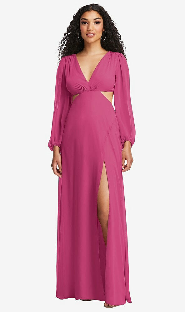 Front View - Tea Rose Long Puff Sleeve Cutout Waist Chiffon Maxi Dress 