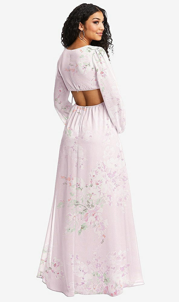Back View - Watercolor Print Long Puff Sleeve Cutout Waist Chiffon Maxi Dress 