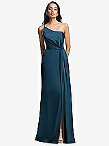 Front View Thumbnail - Atlantic Blue One-Shoulder Draped Skirt Satin Trumpet Gown