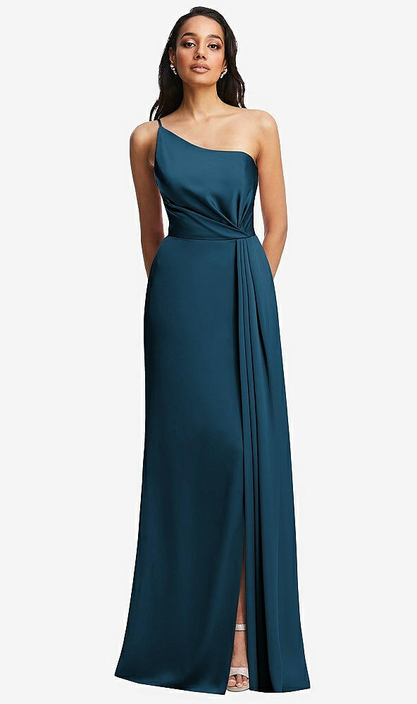 Front View - Atlantic Blue One-Shoulder Draped Skirt Satin Trumpet Gown