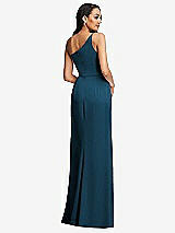 Rear View Thumbnail - Atlantic Blue One-Shoulder Draped Skirt Satin Trumpet Gown