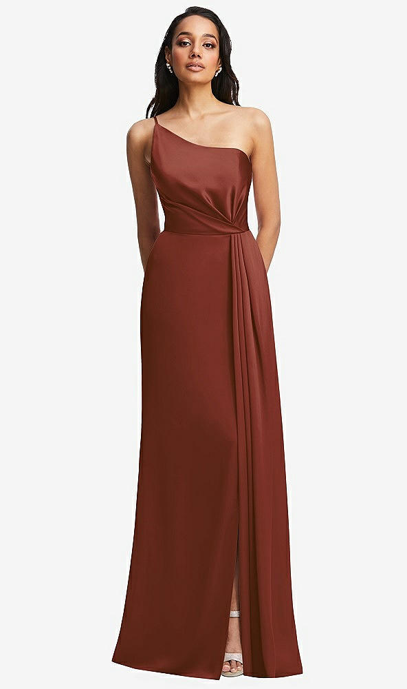 Front View - Auburn Moon One-Shoulder Draped Skirt Satin Trumpet Gown