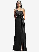 Front View Thumbnail - Black One-Shoulder Draped Skirt Satin Trumpet Gown