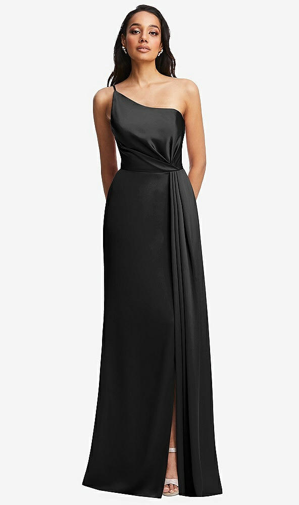 Front View - Black One-Shoulder Draped Skirt Satin Trumpet Gown