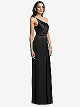 Side View Thumbnail - Black One-Shoulder Draped Skirt Satin Trumpet Gown